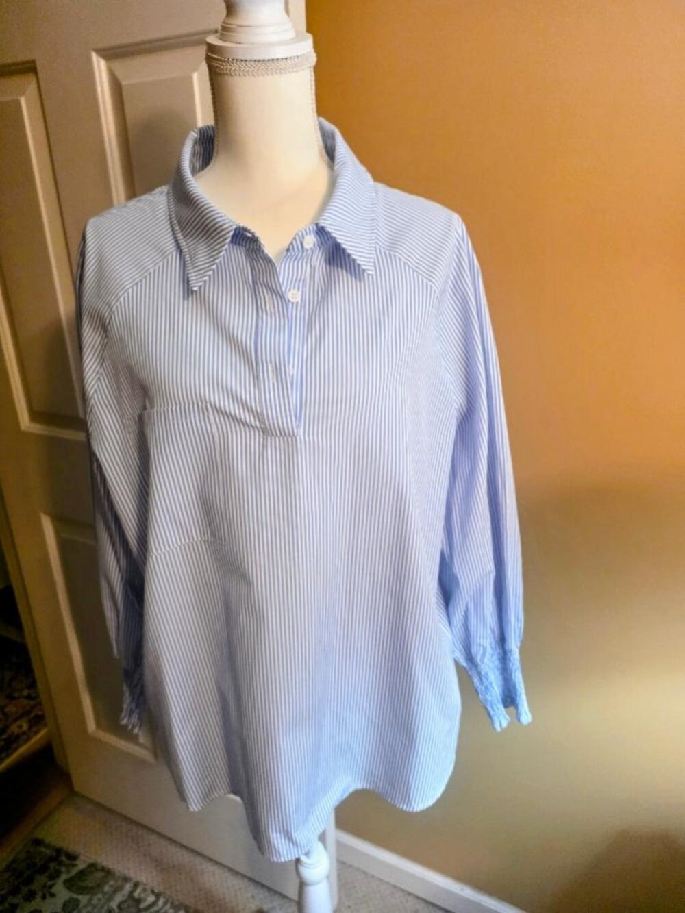 LEMAFER Womens Button Down Blouse Striped Smocked Cuffed Boyfriend Shirt